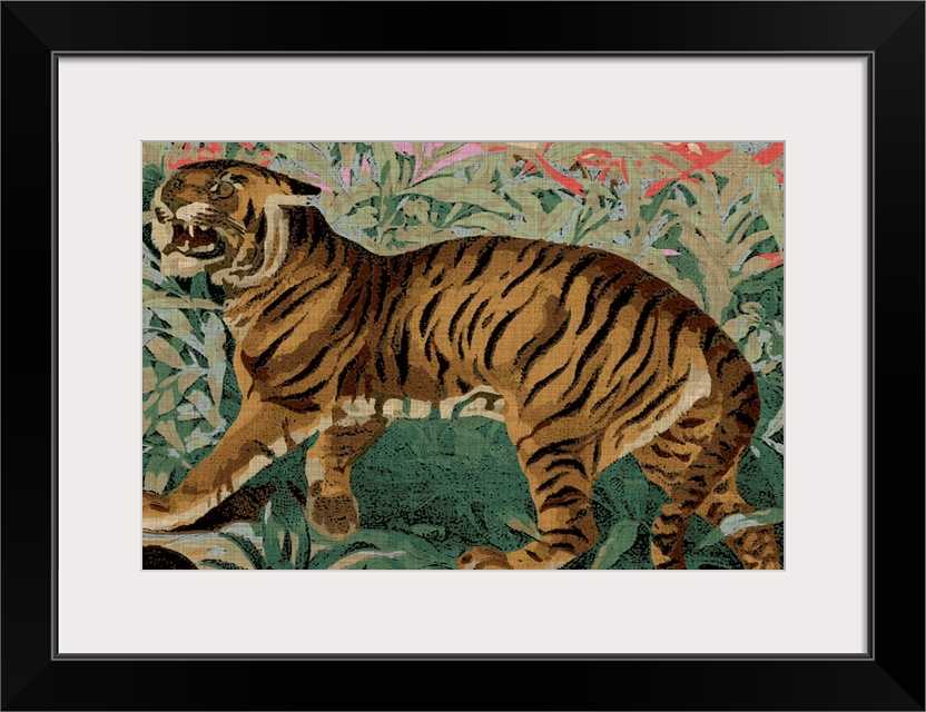 Bohemian painting of a tiger in front of a floral background.