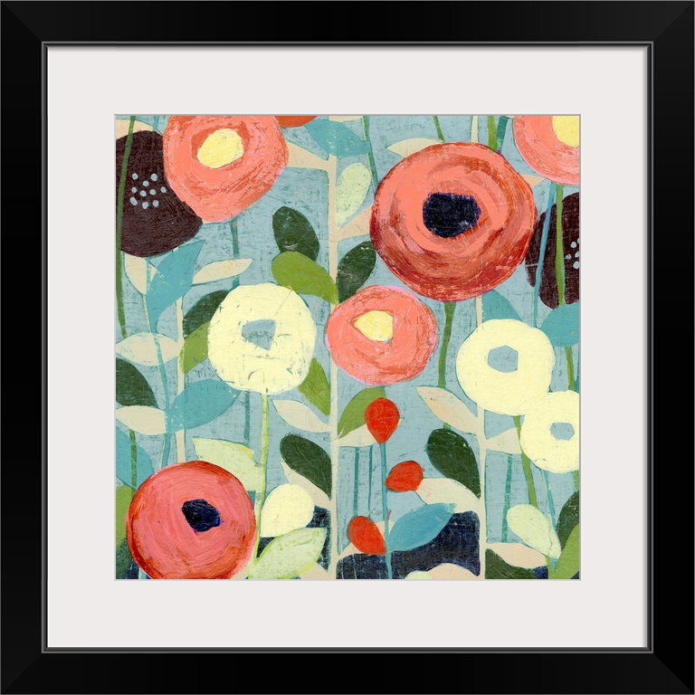 Decorative painting of round poppy flowers in springtime corals and yellows.