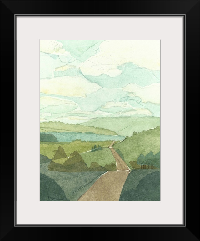 Countryside landscape painting with a road crossing over rolling hills.