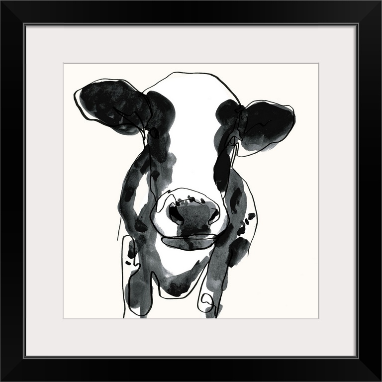 Contemporary watercolor portrait of a cow in black and white.