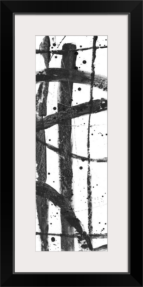 Contemporary abstract painting with criss-crossing black lines on a white background.