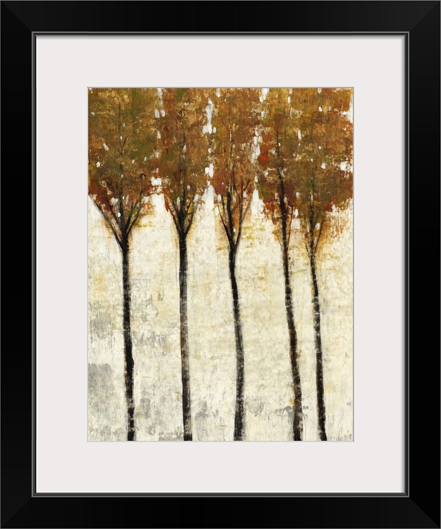 Contemporary painting of five thin trees with fall leaves.