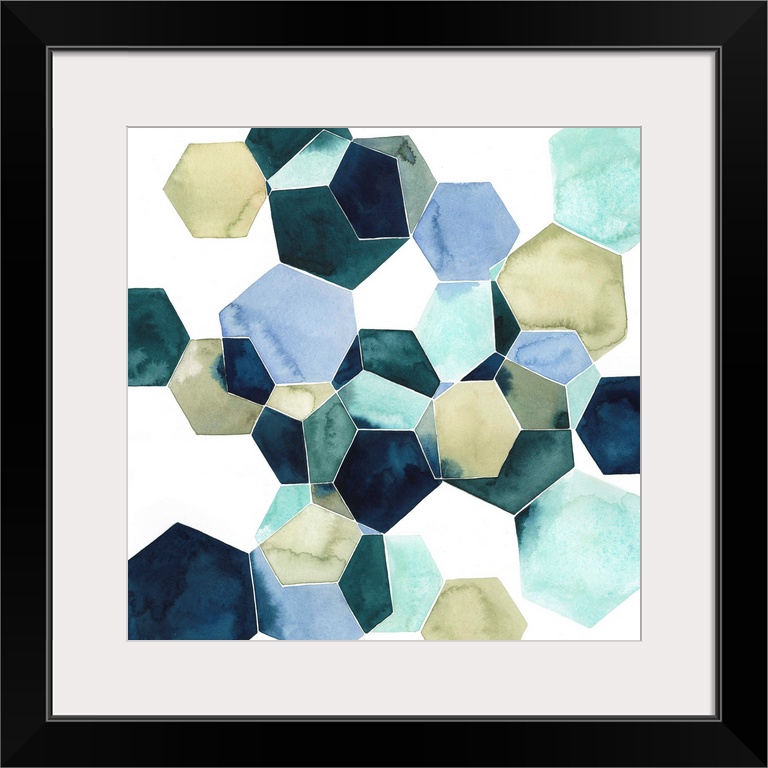 Watercolor geometric painting of intersecting hexagons in blue tones.