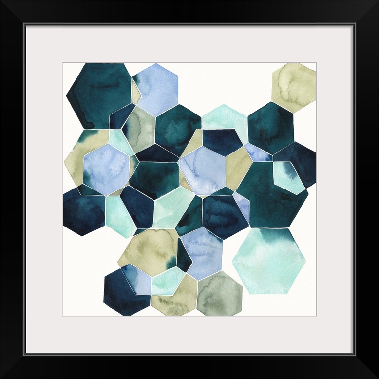 Watercolor geometric painting of intersecting hexagons in blue tones.