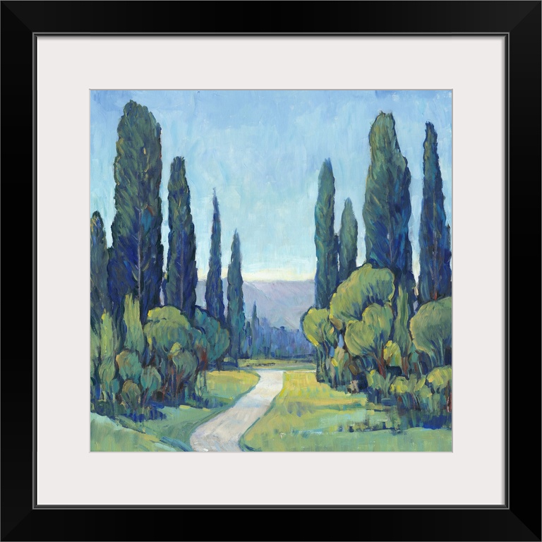 Square painting of a green landscape filled with trees and a path leading to the background.