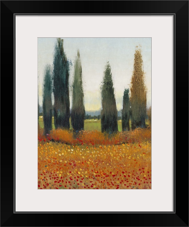 Painting of a row of cypress trees in the Italian countryside.