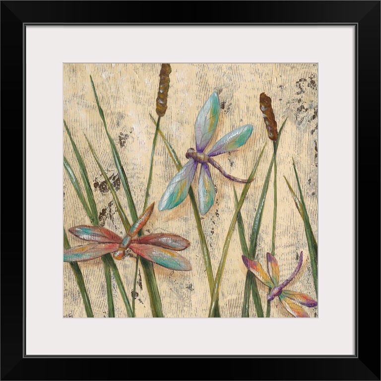 A transitional image of three jewel-toned dragonflies hovering among cattail grasses. This artwork would suit a traditiona...