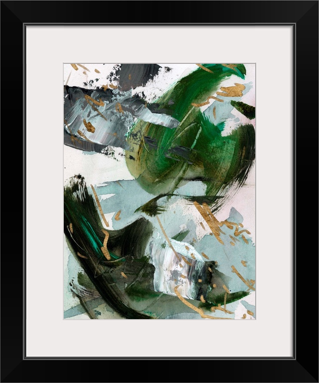 A bold, masculine abstract in shades of dark green and seafoam with gold accents. This contemporary piece would be a stand...