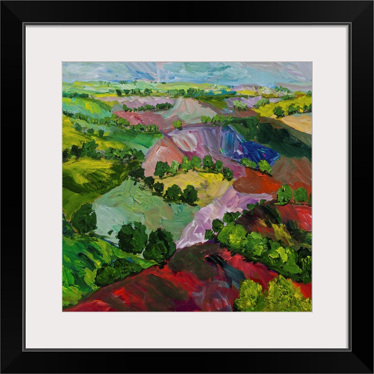 Contemporary painting of a country landscape with colorful hills and rows of trees.