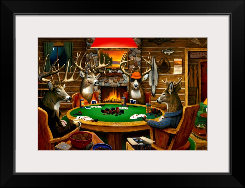 Big canvas painting of four deer sitting around a circular table playing poker in a wooden cabin.