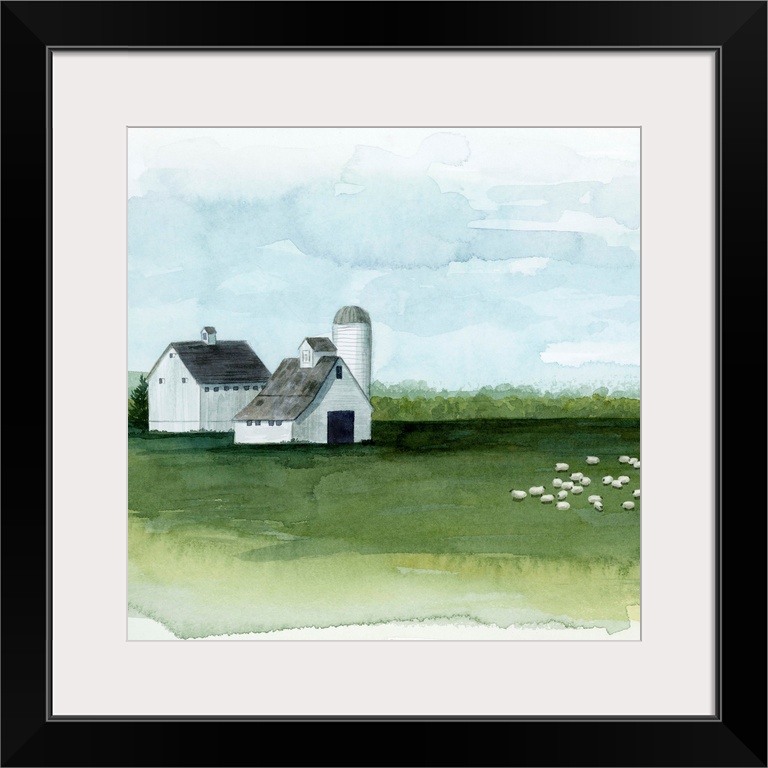 Watercolor painting of barn on a farm with a herd of sheep grazing at pasture.