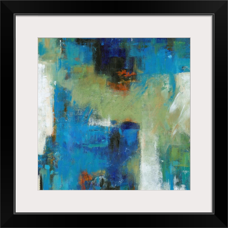 Contemporary abstract painting using vibrant blue and green tones.