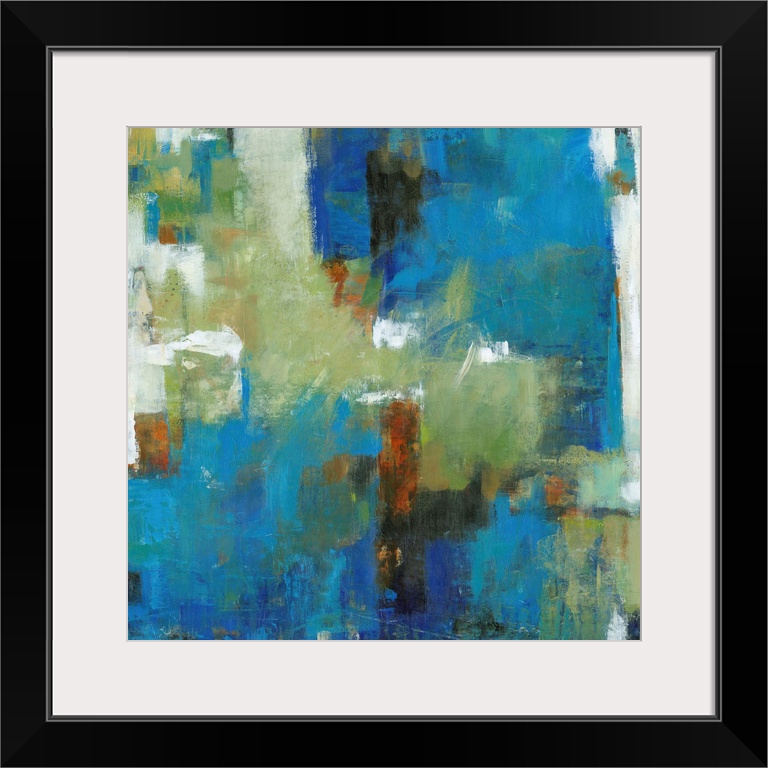 Contemporary abstract painting using vibrant blue and green tones.