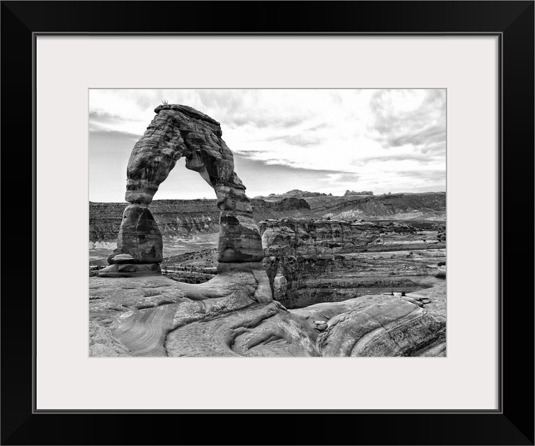 Black and white photograph of Arches National Park.