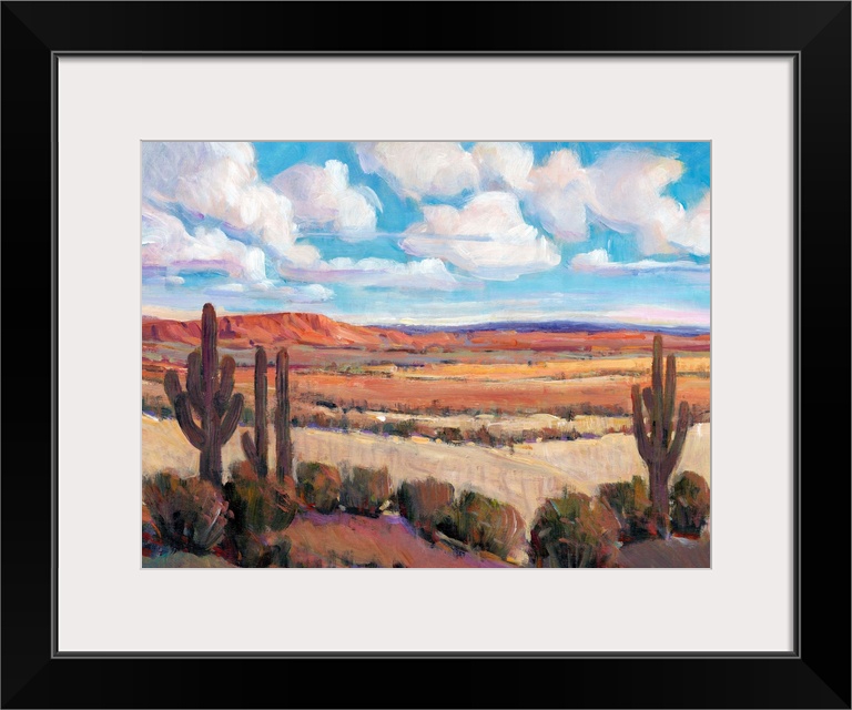 Contemporary landscape painting of a bright blue cloudy sky overlooking a desert.