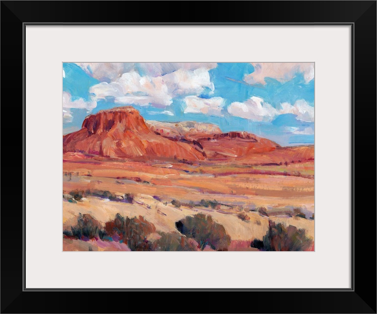 Contemporary landscape painting of a bright blue cloudy sky overlooking a desert.