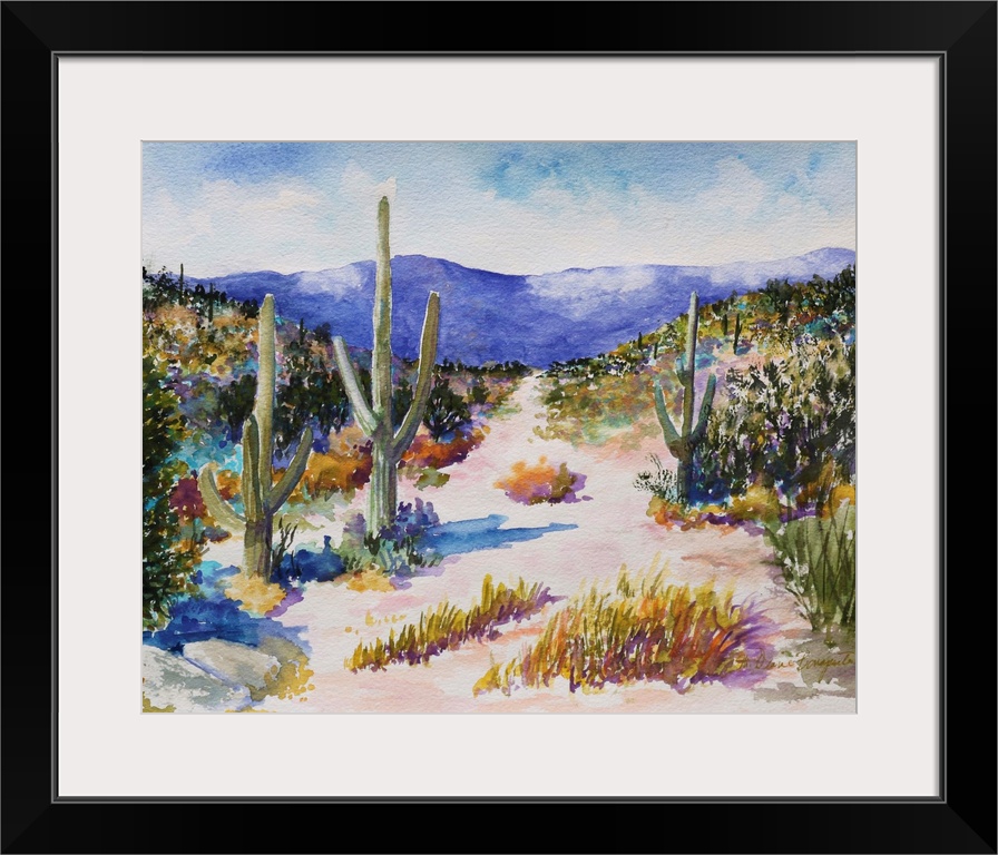 A beautiful watercolor painting of tall cactus in a lush desert landscape