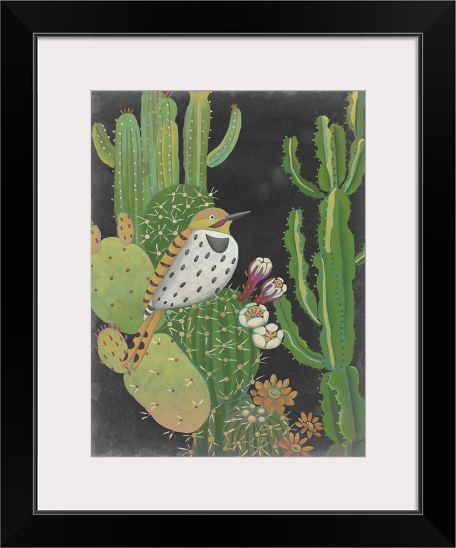 Contemporary Southwestern-themed artwork of a Gila Woodpecker on a cactus.