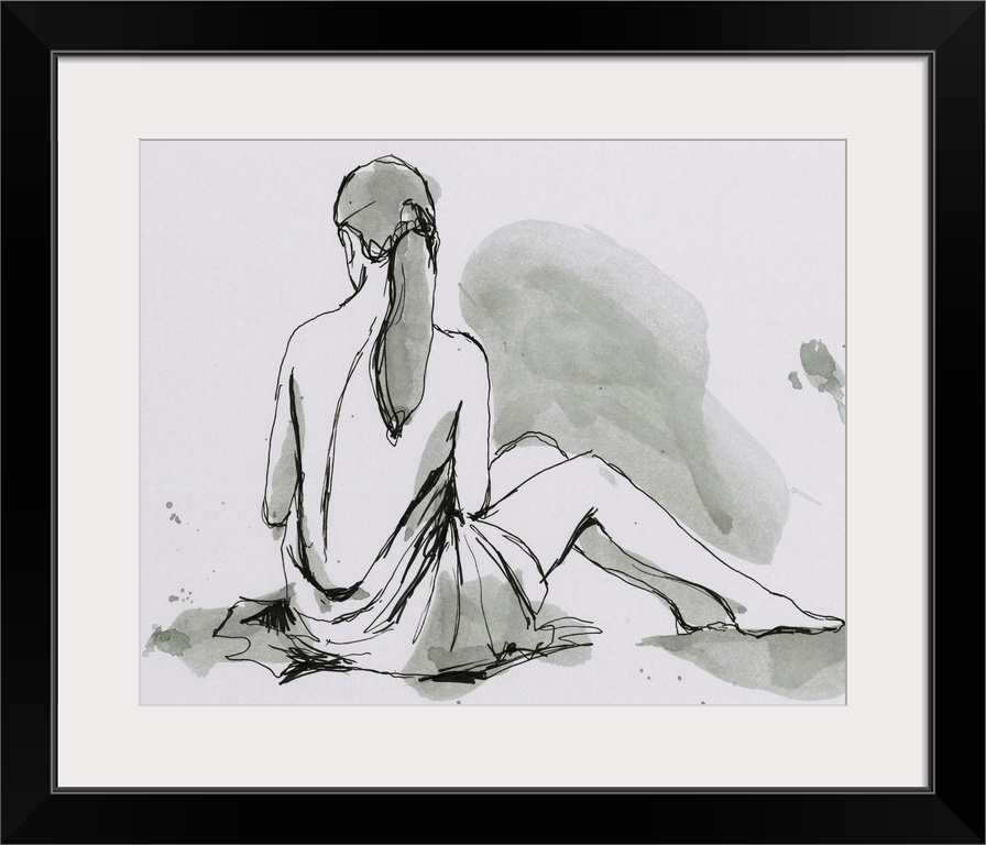 Contemporary figurative artwork of a seated nude female draped in a sheet.