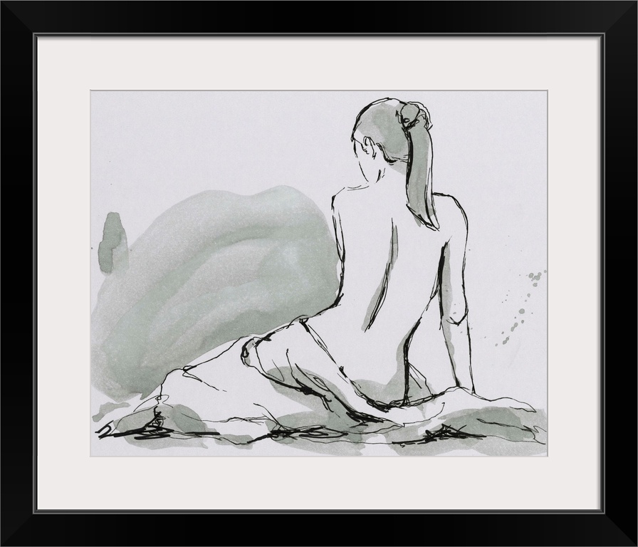 Contemporary figurative artwork of a seated nude female draped in a sheet.