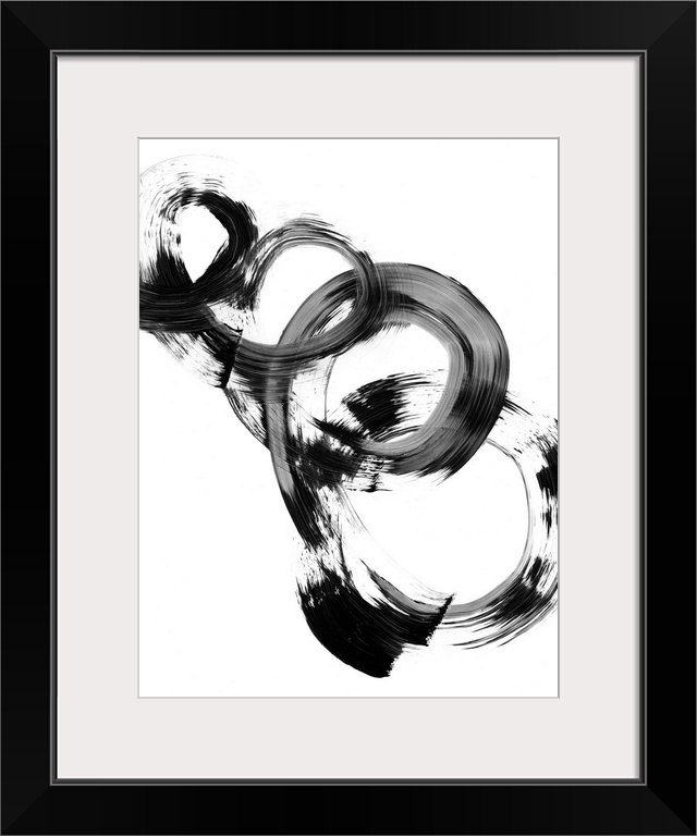Contemporary abstract painting of interlocking circular shapes in black and white.