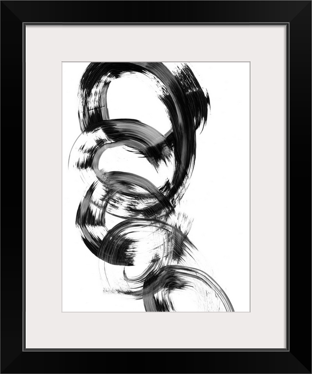 Contemporary abstract painting of interlocking circular shapes in black and white.