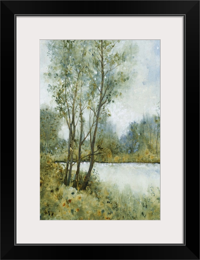 Contemporary painting of an idyllic countryside scene with trees and a river.