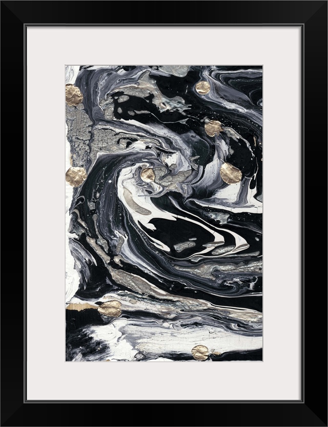 Vertical abstract of white, gray and black swirls in a marble effect with circular gold accents.