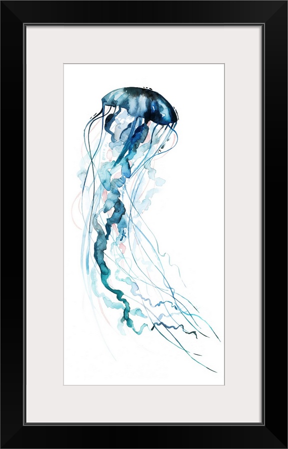 Large panel watercolor painting of a jellyfish made in shades of blue with hints of pale pink.