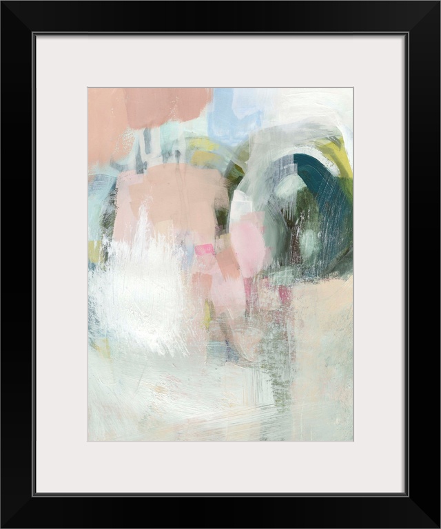Contemporary abstract painting in muted pinks and white with bright patches of color.