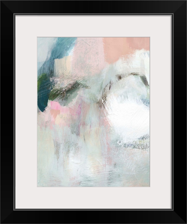 Contemporary abstract painting in muted pinks and white with bright patches of color.