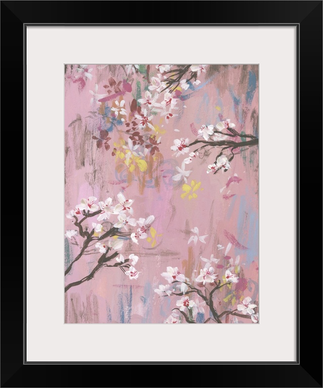 Cherry blossom branches on a pink background.