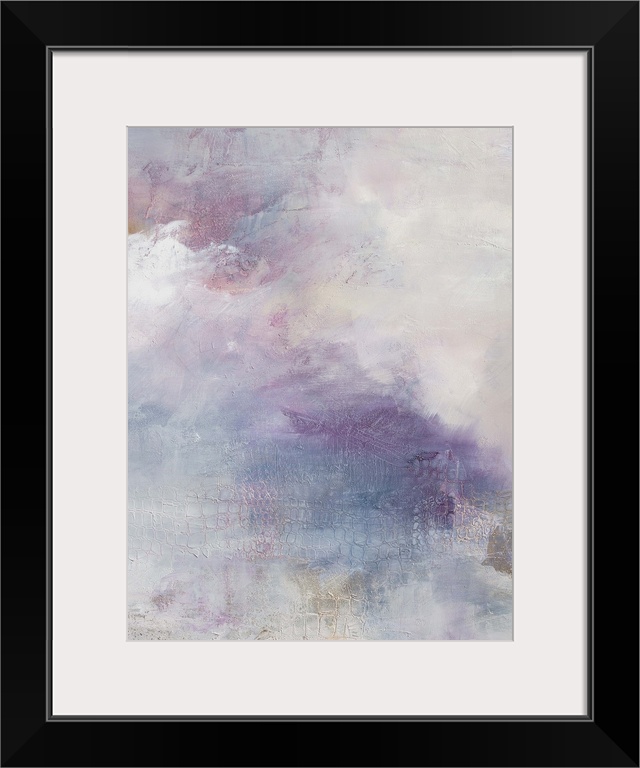 Contemporary abstract artwork in pastel white and purple tones, resembling an evening sky.