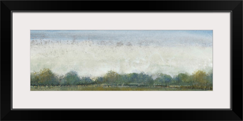 Contemporary landscape painting of an open field with trees along the edge.