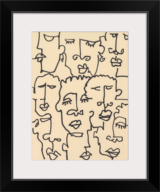 Contemporary line art illustration of peoples' faces in black lines on a tan background