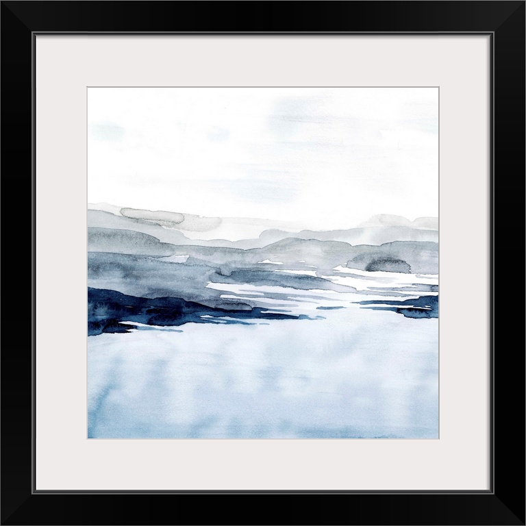 Watercolor landscape art of a pale blue ocean under a light grey sky.