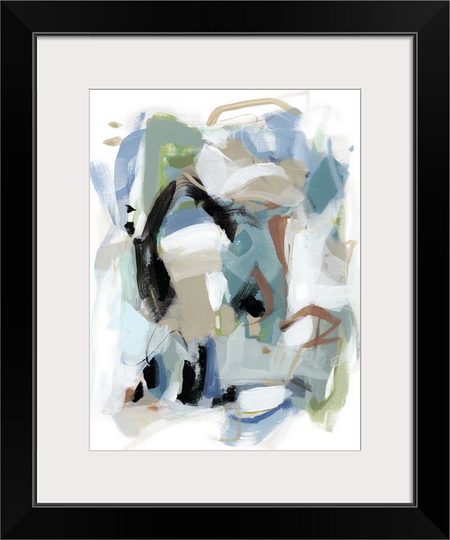 Contemporary abstract artwork in shades of teal, white, and black.