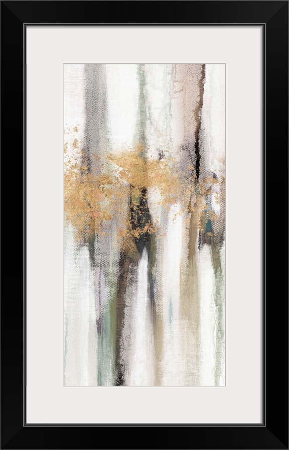 Contemporary abstract painting using tones of pale gray and gold splashes of color.
