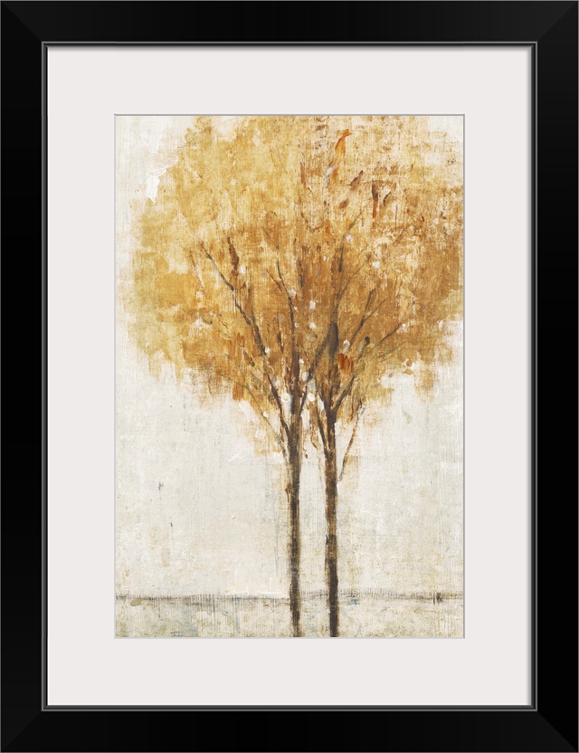 Contemporary artwork of two trees in a field in autumn.