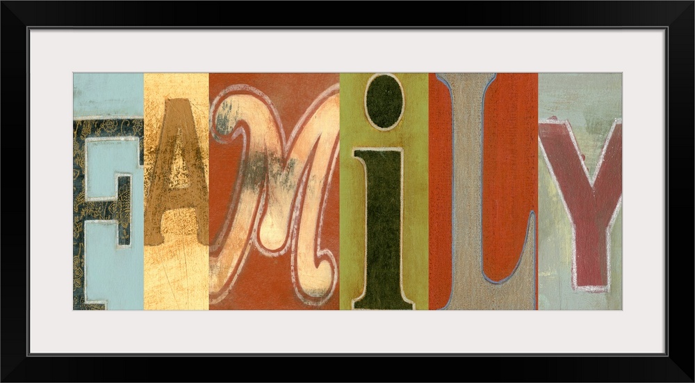 Giant, horizontal wall hanging of the word "Family", each letter in a different font and on a different rectangle of color.