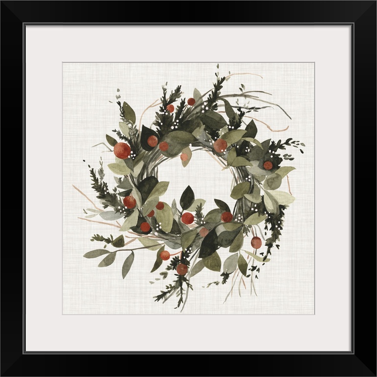 A decorative farmhouse wreath of holiday greenery and berries on a linen background.