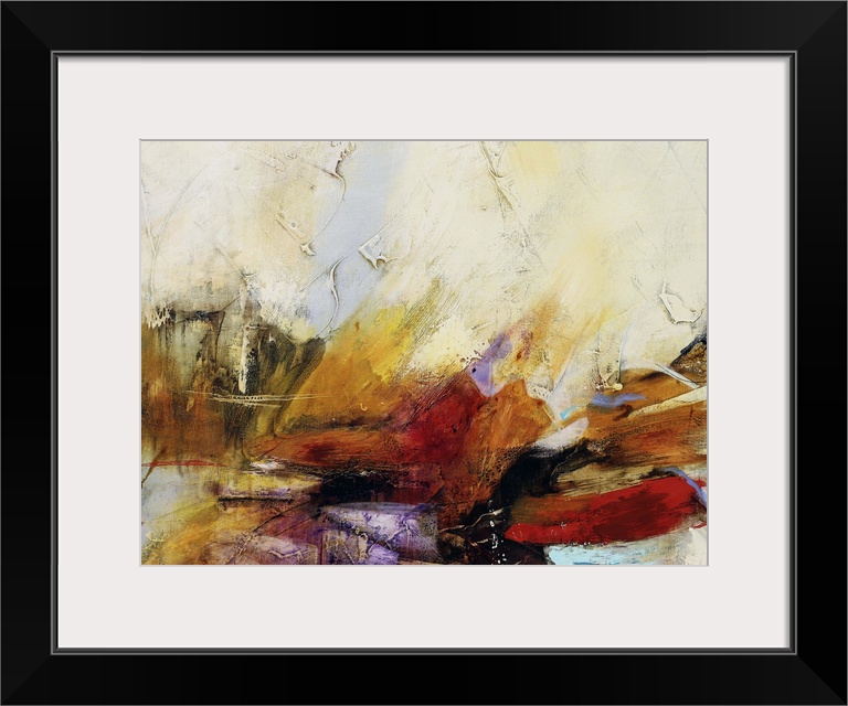Horizontal abstract painting in tones of yellow, orange and red with textured cream accents.
