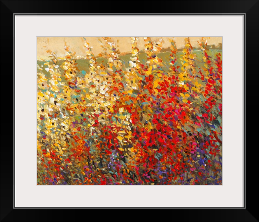 A glorious tangle of wildflowers in warm yellow and red tones. This modern painting in the impressionist style image featu...