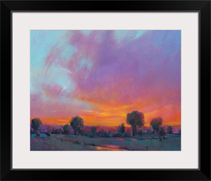 Contemporary painting with vibrant oranges and yellows of a sun setting over the countryside.