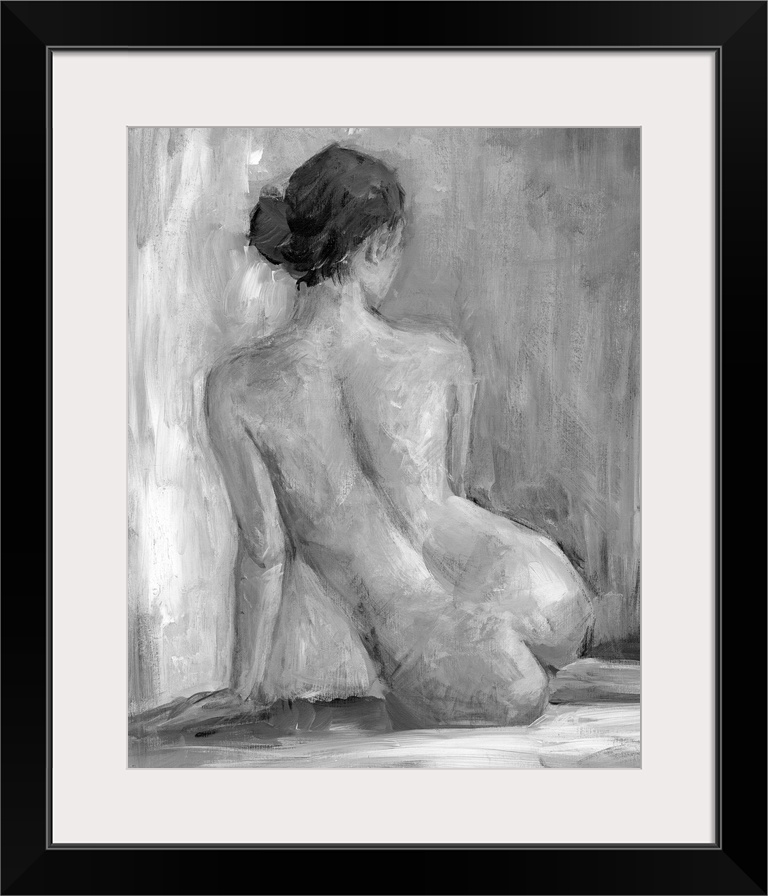 Nude portrait of the back of a seated woman. Her back to the artist the lady stares off into the distance as she supports ...