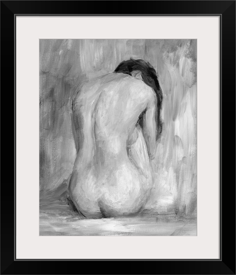 Portrait, large figurative painting of the back of a nude woman sitting on the floor, her head hanging down.  Painted in h...