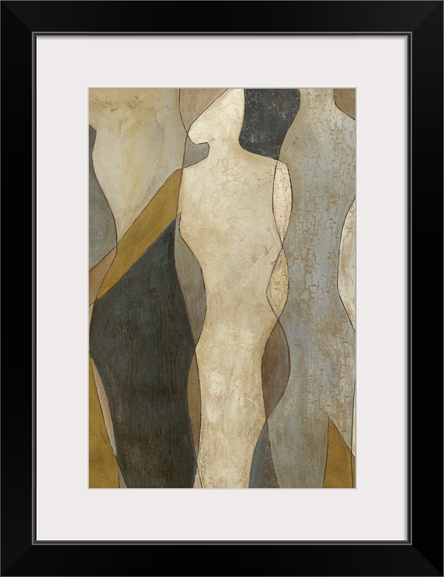 Contemporary abstract painting of the silhouettes of two people with layered patterns of neutral tones.