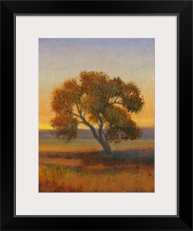 Contemporary landscape painting of a lone tree in a meadow at sunset.