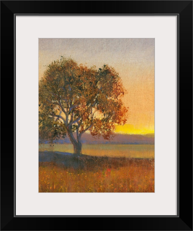 Contemporary landscape painting of a lone tree in a meadow at sunset.