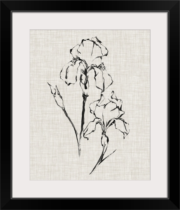 A black ink drawing of a flower against of beige linen background.